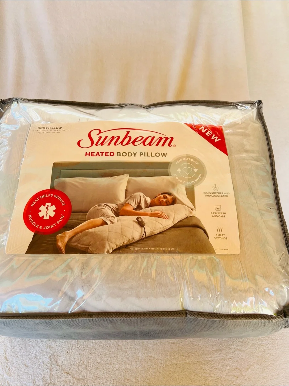 Sunbeam 54 Inch Heated Body Pillow with Temperature Controller - White NWT